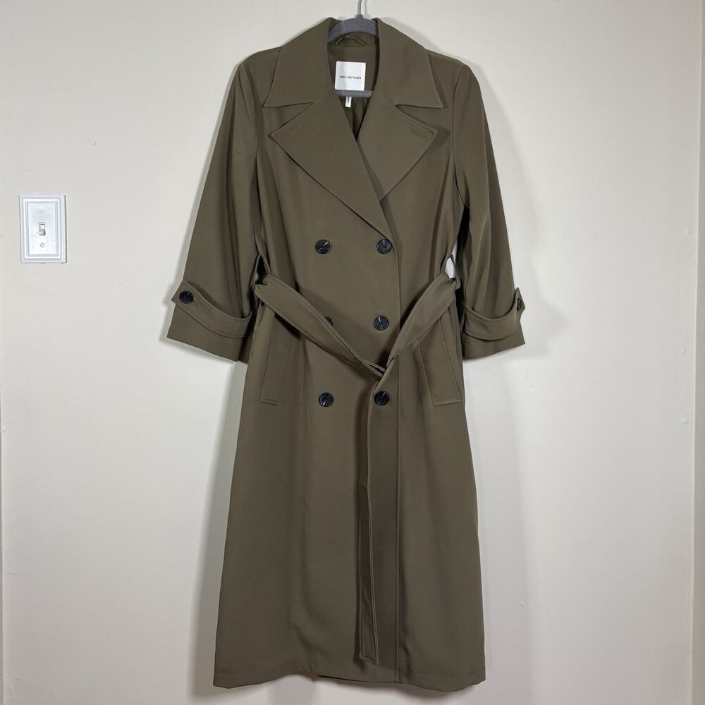 Avec Les Filles Stretch Crepe Double Breasted Belted Trench Coat Olive Green M